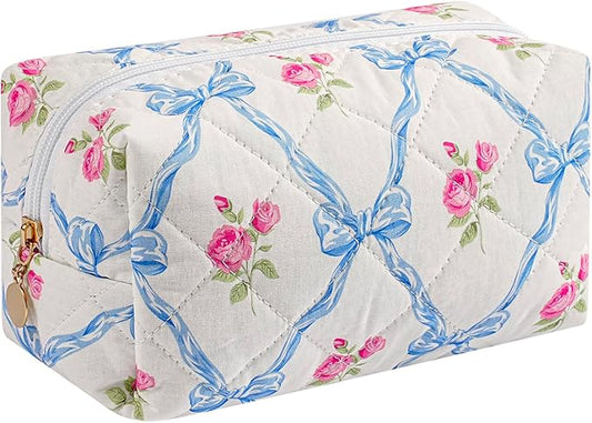 HHQQWZ Makeup Bag Travel Cosmetic Bag for Women Girls, Zipper Make Up Pouch, Floral Flowers Toiletry Organizer Makeup, Portable Storage Bag, Cosmetic Travel Cloth Bag (Blue Bowknot/Gold Zipper)
