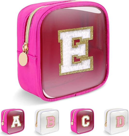 Personalized Initial Letter Clear Preppy Makeup Bag,Mini Nylon Chenille Letter Cosmetic Bag Cute Zipper Pouch Coin Purse for Teen Girls,Portable TSA Approved Travel Essentials Bag Gift for Women,E
