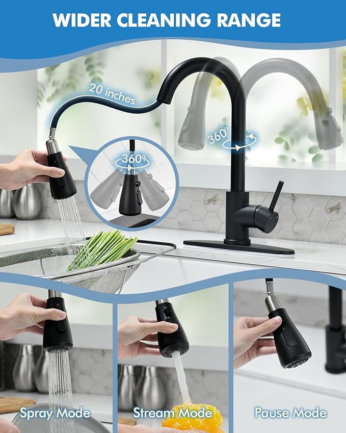 VFAUOSIT Kitchen Faucet with Escutcheons and Soap Dispenser, 3-Mode Black Stainless Steel Kitchen Faucet Escutcheons for 2 to 4-Hole Bar Laundry RV Utility Sink