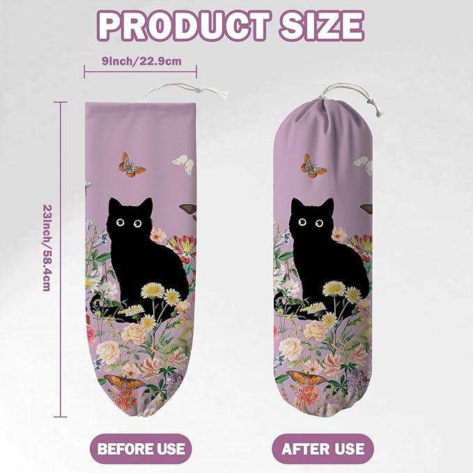 Plastic Bag Holder, Grocery Bag Organizer Storage, Kitchen Dispenser Holders Reusable Shopping with Free Adjustment Drawstring Closure for Home Kitchen Decor, Flower Cat