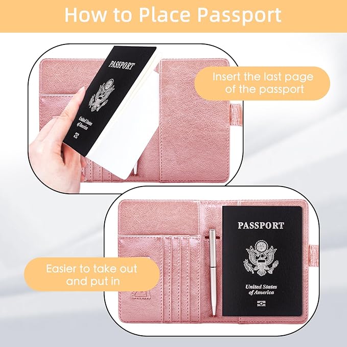 WALNEW Passport Holder for Travel, RFID Passport Cover Wallet for Women Men, PU Leather Passport Book Card Holder Case with Pen (Buckle Closure, Buckle-Rosegold)