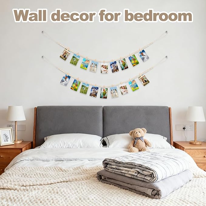 2 Pack Hanging Photo Display with Clips, Boho Wooden Bead Garland Wall Decor, Collage Picture Frame String with 9 Clips for Bedroom Living Room Dorm Office, Christmas Birthday Gifts for Teen Girls