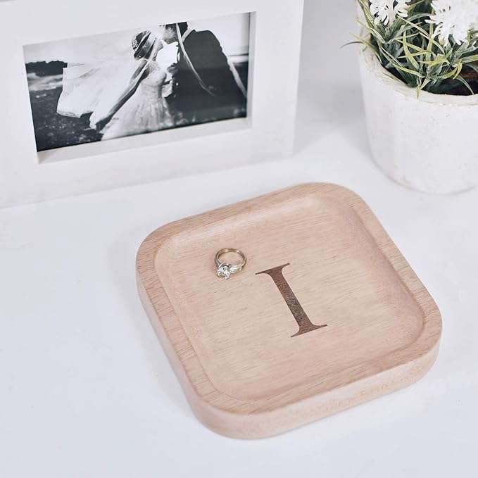 Wooden Personalized Letter Catchall Valet Tray Trinket Dish Jewelry Tray Key Bowl Decorative Plate Organizing Ring Earrings Necklaces Bracelet Watch Coins Wallet Holder (6"x6" Sq Natural "I")