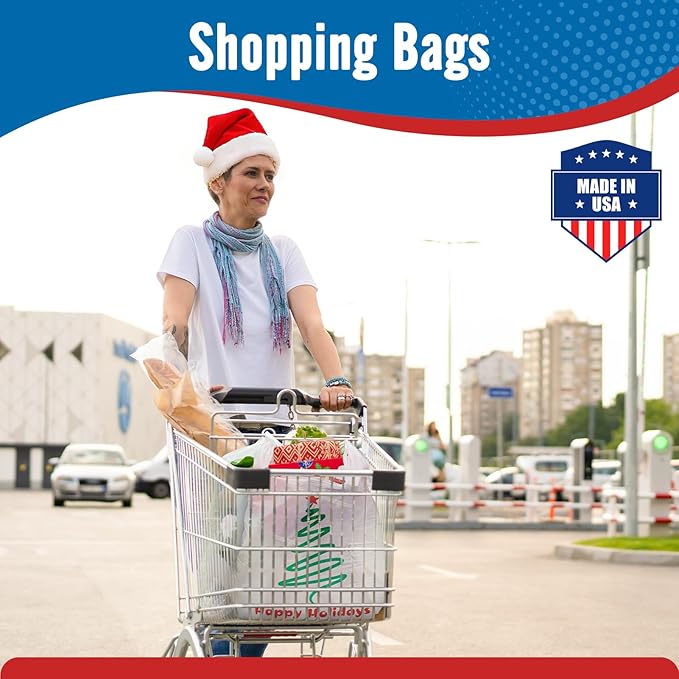 Fuxury 1000 Count - Happy Holiday Plastic T-shirt Bags with Handles (11.5" x 6.5" x 21"), Grocery, Take Out, To Go, Retail Shopping Bags in Bulk for Small Business