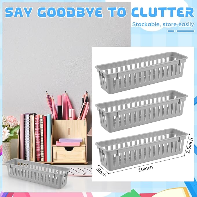 12 Pcs Gray Slim Plastic Storage Baskets Tray 10 x 3 x 2.5 Inch Compact Stackable Desk Organizer for Office, Classroom, School Supplies, and Home Storage, Organization(Gray)
