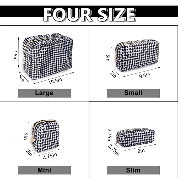 Small Makeup Bag Pouch for Purse，Nylon Travel Toiletry Storage Bag Cute Houndstooth Cosmetic Bag for Women Girls，Waterproof Makeup Organizer Bag Pouch Skincare Bag with Zipper (Small-Houndstooth)