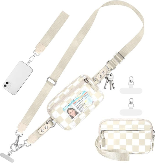 Clip and Go Strap for Phone with Wallet Crossbody Phone Lanyard and Detachable Checkered Bag with ID Window and RFID Pouch for Daily Travel.