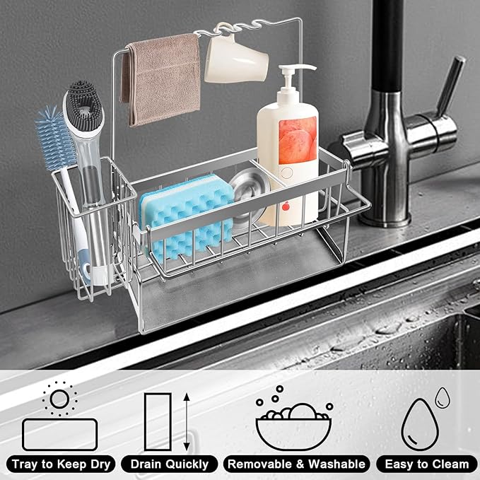 Yazoni Sponge Holder for Kitchen Sink, Rustproof Kitchen Sink Organizer Countertop Holder with High Brush Holder, Multifunctional Soap Dispenser Organizers and Storage Essentials