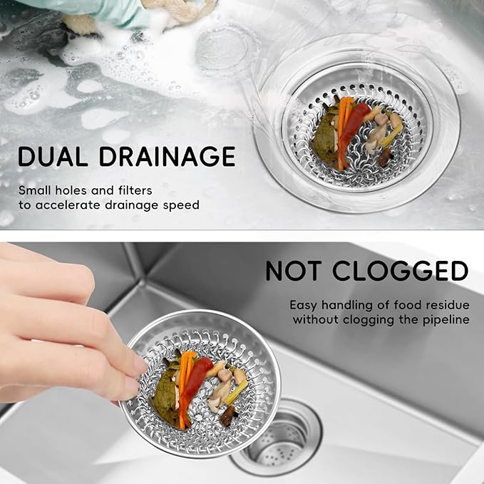 2 Set Kitchen Sink Strainer (Silver): with Adapter, Flexible Insert Chain Mesh Screen. 304 Stainless Steel, Clog-Free Catcher for Universal Sizes (Garbage Disposal)