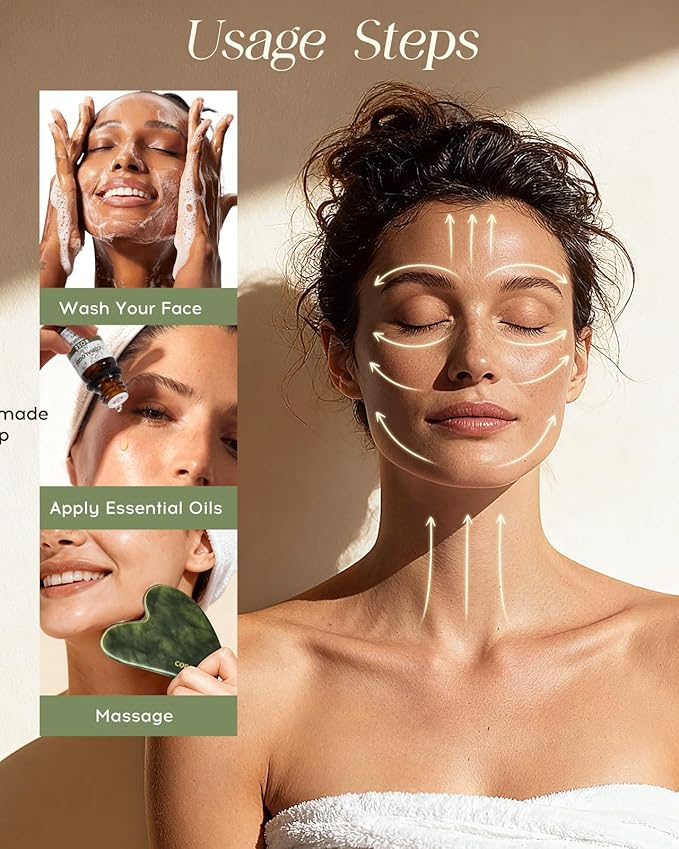 Coralogo Jade Gua Sha Facial Tools - 4pc Face Massager Tools Set with Gua Sha Facial Oil, Soap, Jade Roller for Puffiness Lymphatic Drainage Self Care Gift for Christmas Birthday Valentine's Day