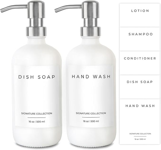 Emerson Essentials Soap Dispenser, Dish Soap for Kitchen - Hand Dispenser Bathroom Set, Kitchen Set Glass Soap Bottles with Pump and Labels, 16 Oz, 2 Pack