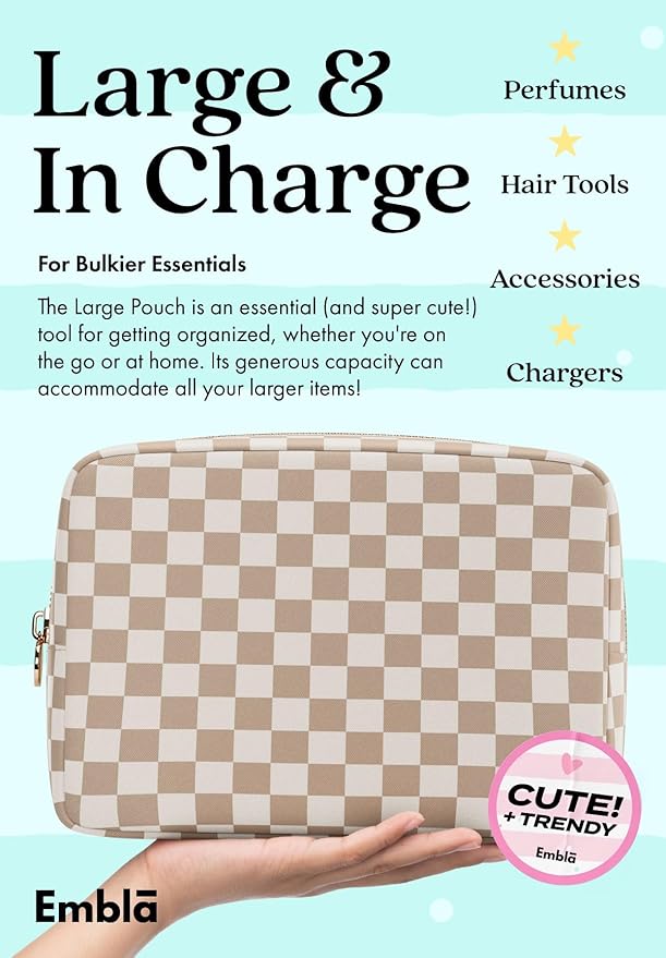 Embla Makeup Bag Travel Cosmetics Pouch and Toiletry Bag, Nylon Zipper Pouch Purse, Cute Make Up Organizer Storage Tote for Women Girls, Travel Skincare Case, Large Makeup Case, Sand Checkered