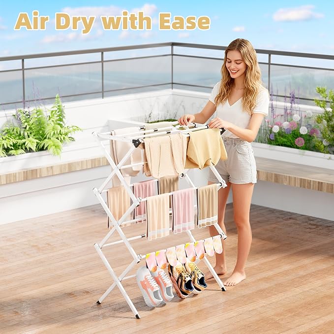 BAKON Clothes Drying Rack Foldable,Space-Saving Expandable & Portable Drying Rack for Clothes,Sturdy Metal Clothes Dryer Rack for Indoor & Outdoor,Laundry Room,Dorm Room,Apartments