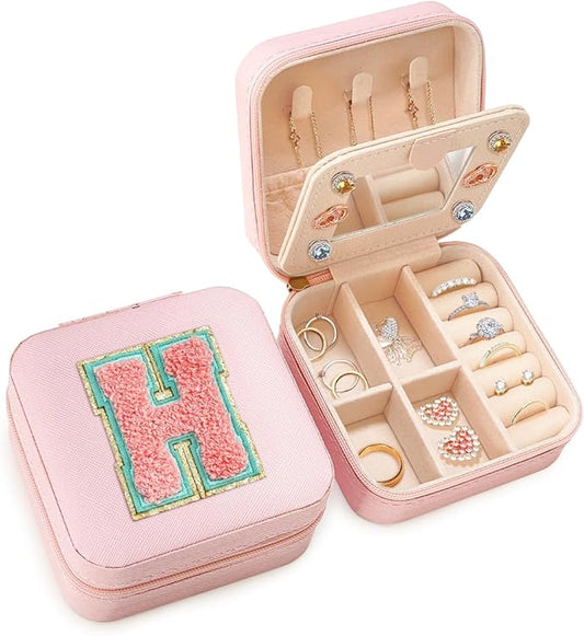 SANDJEST Personalized Jewelry Box, Pink Travel Jewelry Box with Initial H, Small Monogrammed Jewelry Case Organizer for Girls Women Teen Kids, Mini Travel Essentials Gifts for Birthday Christmas