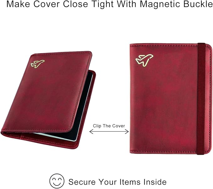 WALNEW Passport Holder for Travel, RFID Passport Cover Wallet for Women Men, PU Leather Passport Book Card Holder Case with Pen (Elastic Band Closure, C-Red)