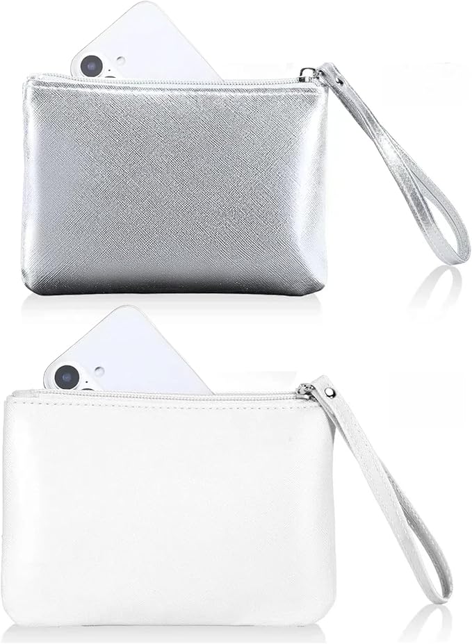 2 Pack Small Zipper Pouch Mini Makeup Bag for Purse Lipstick Cosmetic Travel Make Up Organizer for Women Essentials Feminine Products, Car Change Coin Holder 8x5 Phone Wristlet Wallet, White, Silver