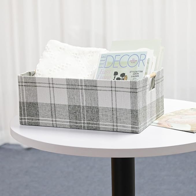 Fabric Storage Bin Box Collapsible Cotton Linen Storage Cube with Wooden Handles Rectangular Decorative Home Organizer Clothes Blanket Basket– Light Gray Plaid, Small