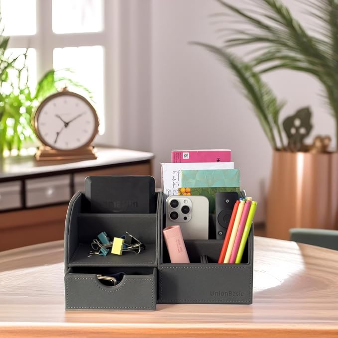 UnionBasic Desk Organizer, Multi-functional Leather Desktop Office Organizer, Pen Holder - Business Card/Pen/Pencil/Mobile Phone/Stationery Holder Storage Box, Taiga Dark Grey