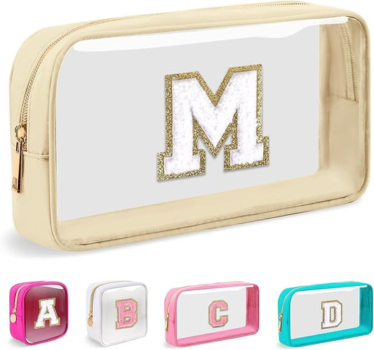 Small Clear Personalized Initial Makeup Bag,Nylon Preppy A-Z Chenille Letter Patch Cosmetic Pouch Beach Toiletry Bag,Waterproof Zipper Travel Purse Storage Bag Organizer for Women Girls(Beige-White M)