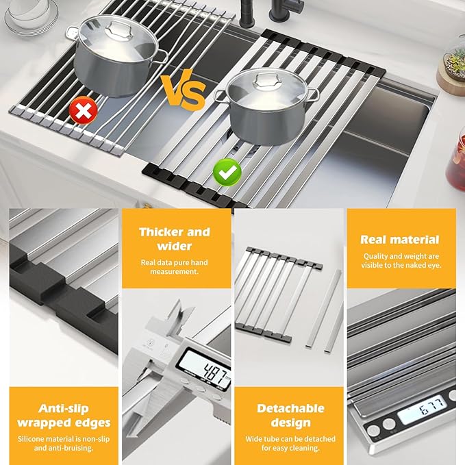 15.7"*12.8" Foldable Dish Drying Rack Thickened & Widened Over Sink Dish Drying Rack High-Temperature Resistant Removable Sink Storage Rack 304 Stainless Steel Drainer for Kitchen and Rv sink