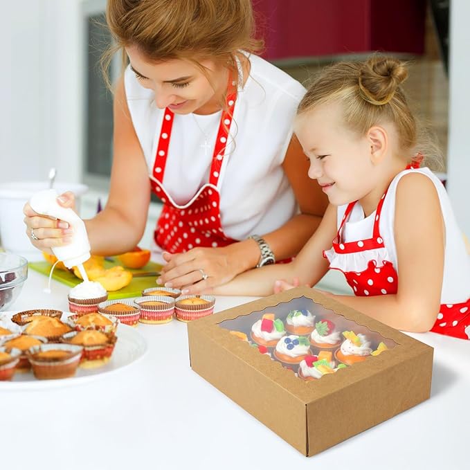 Tcoivs 6-Set Cupcake Boxes Hold 12 Standard Cupcakes, Auto-Popup Cupcake Containers with Windows and Inserts, Food Grade Kraft Cupcake Carrier and Cupcake Holders (Brown)