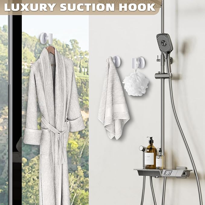 Suction Cup Hooks for Shower - Bathroom Reusable Hooks for Towels, Robes & Loofah - No-Drill Mounting on Kitchen,Walls,Metal,Glass,Mirrors,Tile & Smooth Non-Porous Surfaces (2, White)