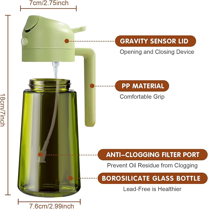 YARRAMATE 16oz/470ml Light Blocking Oil Sprayer for Cooking with Stickers, Food-Grade 2 in 1 Olive Oil Dispenser Bottle for Kitchen, Premium Dark Green Glass Oil Bottle for Air Fryer, BBQ (Green)