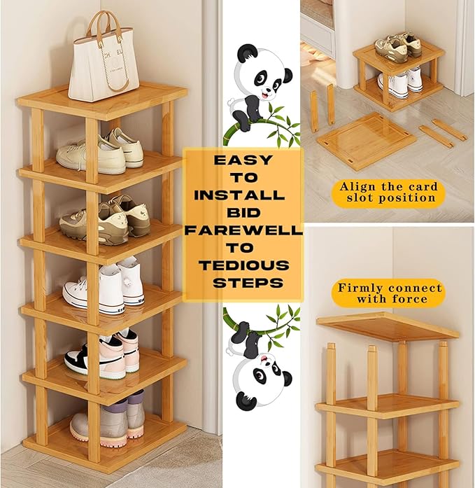 Bamboo Shoe Rack 12-Tier - Vertical Shoe Rack for Small Spaces, Tall Narrow Shoe Rack Organizer for Closet, Entryway, Corner, Garage, and Bedroom, Skinny Shoe Shelf with Free Stackable DIY