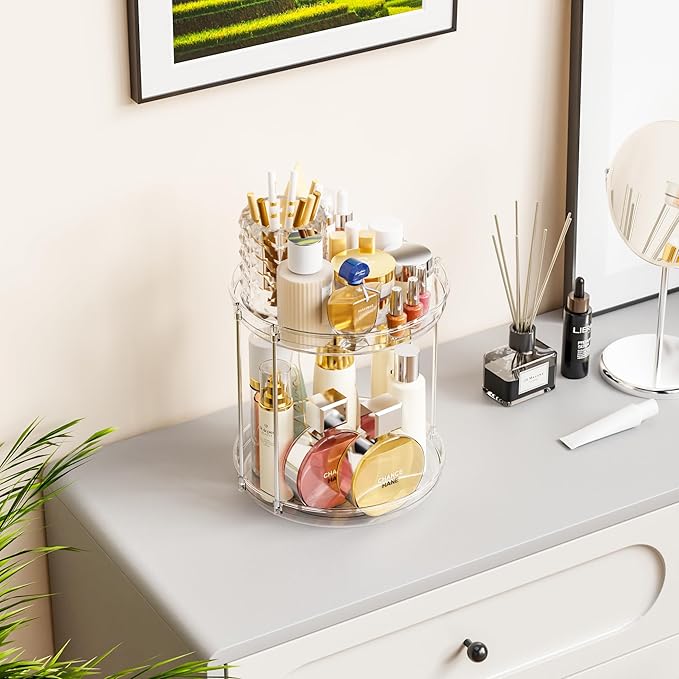 Yieach Clear 360 Rotating Bathroom Counter Organizer,2 Tier Spinning Perfume Organizer and Makeup Tower for Lotion,Hair,Face Skincare Beauty Products,Tiered Lazy Susan and Makeup Organizers for Vanity