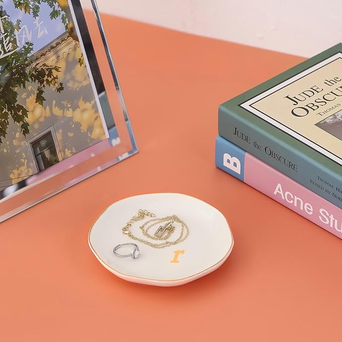 Ceramic Jewelry Dish with Personalized Monogram, White Decorative Ring Trinket Tray, Engagement Wedding Gift for Women Mom Friend, Letter r