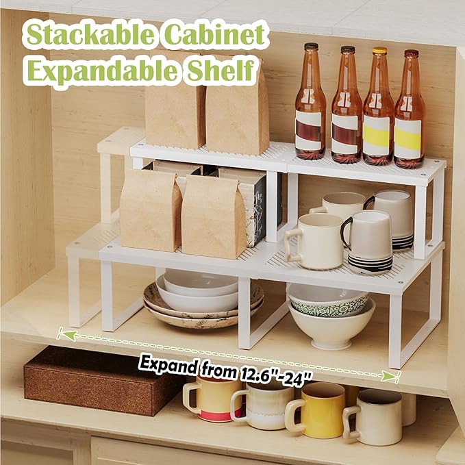 2 Pcs Stackable Kitchen Cabinet Shelf Organizer Counter Shelf Pantry Dishes Storage Shelves Rack