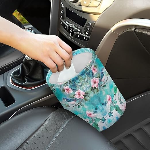 Panskyllis Green Hummingbird Car Trash Bin Garbage Can Leak Proof Waste Basket Container Bag Bin Portable Cup Holder Organizer with Strap Universal Storage Bag Box for Auto, Car, Camping, Travelling