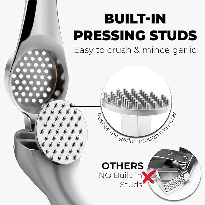 Zulay Kitchen Large Premium Garlic Press Set – Rust Proof & Dishwasher Safe, Bigger Bowl Garlic Mincer Tool with Silicone Garlic Peeler & Brush, Easy Squeeze & Clean, Ergonomic Handle - Chrome