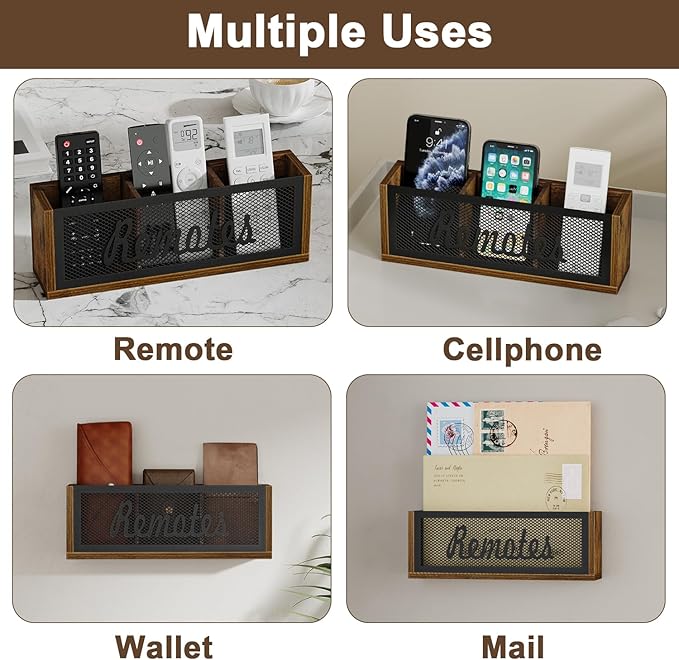 YINMIT Remote Control Holder, TV Remote Holder Wall Mount, Universal Remote Caddy, 3-Slot Remote Organizer Storage Box for Remote, Phone, Mail, Wallet, Notebook(For 5 or 6 Remote Controls)