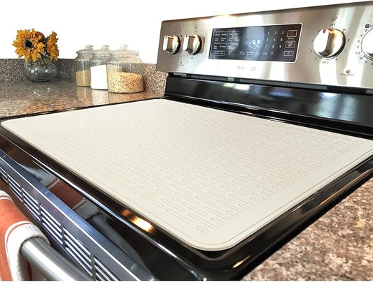 YUHFERA Stove Top Cover for Electric Stove - Silicone Stove Mat for Glass Top, Glass Cooktop Protector, XL Dish Drying Mats for Kitchen,Oven Covers for Electric Stove (Beige,28 x 20)