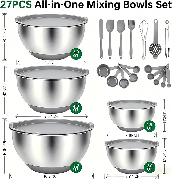 Deedro Premium Mixing Bowls with Airtight Lids Set, 22Pcs Thicker Stainless Steel Mixing Bowl Set, Large Prep Metal Bowls, Non-Slip Silicone Base Nesting Bowls for Kitchen, 1.5/2/3/4/5 QT, Gray