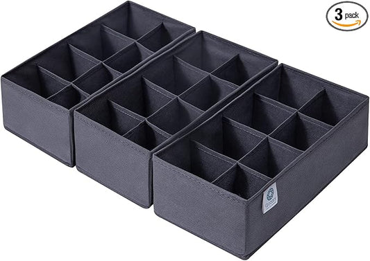 Qozary 3 Pack Sock Underwear Drawer Organizer Dividers, Non-Woven Fabric Collapsible Cabinet Closet Storage Boxes for Clothes, Socks, Lingerie, Underwear, Tie, Belt, Baby, Bedroom (Gray, 8 Cells)