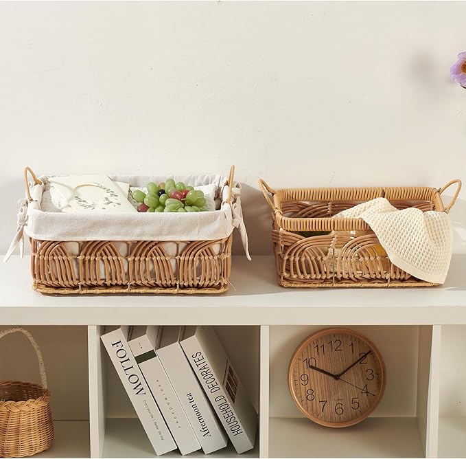 VinneGenzz 2PCS Plastic Wicker Storage Baskets Set Decorative Bohemian Handmade Woven Bathroom Boxes Bins Shelf Closet Cloth Toilet Paper Container Laundry Organizer with Handles Removable Liner
