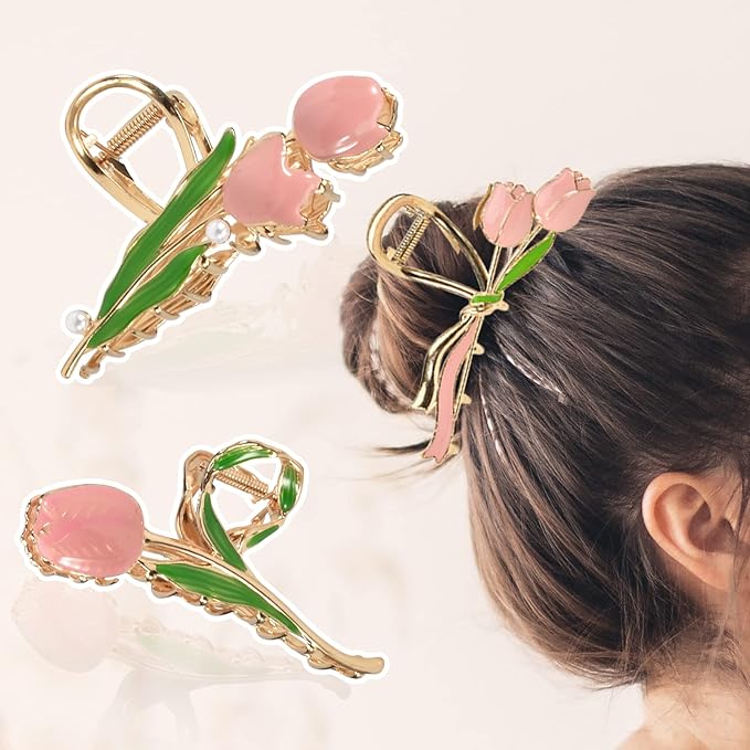 3-Piece Floral Metal Hair Clips, 3-Style Tulip Claw Clamps for Thin/Medium Thick Hair, Elegant Barrettes with Strong Hold and Non-Slip Cute Accessories