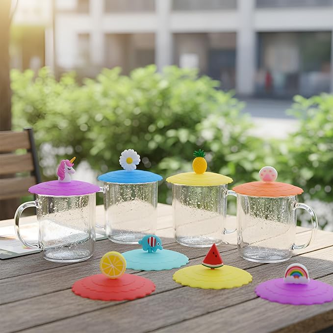 8PCS Silicone Cup Lids Mug Cover, Colorful Food Grade Anti-dust Airtight Seal Lids with Fun Handle Design, Reusable Cute Silicone Cup Covers for Tea Cups Coffee Cups (Style 1)