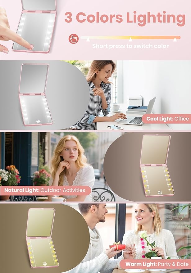 Compact Mirror, Rechargeable 30X Magnifying Mirror with 3 Lighting Modes & Dimmable Brightness, Portable Travel Makeup Mirror with Light, Essentials for Travel, Pocket, Purse, Gifts for Women Pink
