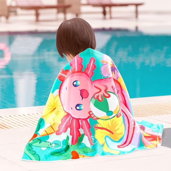 WERNNSAI Beach Towel for Kids, 30”x 60”Axolotl Quick Dry Sand Free Kids Beach Towel for Girls Personalized Beach Towel Pool Camping Travel Towel Soft Beach Blanket Bath Shower Towel