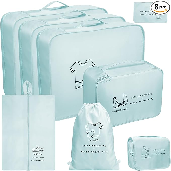 SKYREH 8 Set Travel Packing Organizers - Luggage Organizer for Suitcase Organization with Hanging Toiletry, Shoe & Laundry Bags, Packing Cubes for Travel Essentials, Cute Gifts for Women, Lake Blue