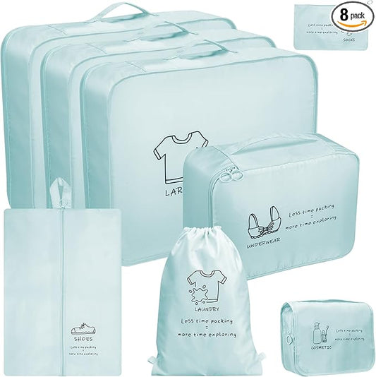 SKYREH 8 Set Travel Packing Organizers - Luggage Organizer for Suitcase Organization with Hanging Toiletry, Shoe & Laundry Bags, Packing Cubes for Travel Essentials, Cute Gifts for Women, Lake Blue