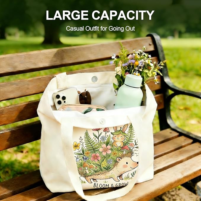 MOLOVA】Printed Canvas Tote Bag for Women - Inner Zipper Pocket & Magnetic Closure, Versatile Hand Shoulder Carry, 15x16 Inch Large Capacity for Work Travel Shopping, Hedgehog
