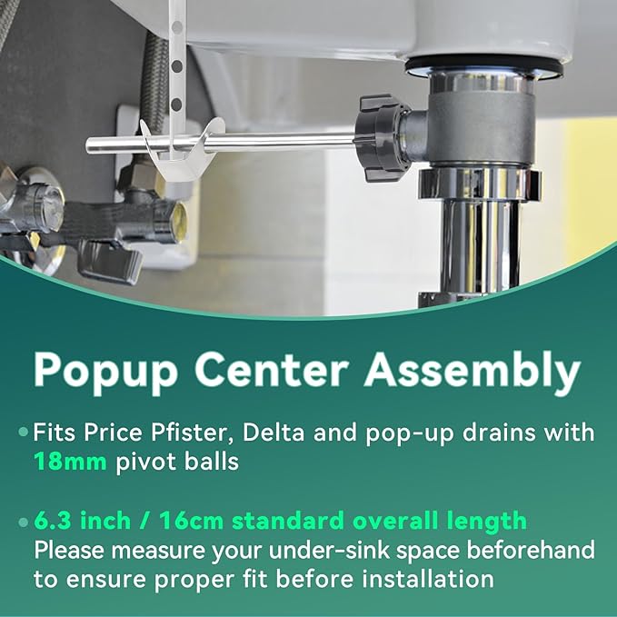 2Pcs Sink Drain Parts, Lavatory Pop Up Center Assembly with Plug, Bathroom Sink Pivot Ball Rod Replacement with 18MM Ball, Pop up Stopper 4‑7/8" Tall, 1‑1/4" Cap Dia