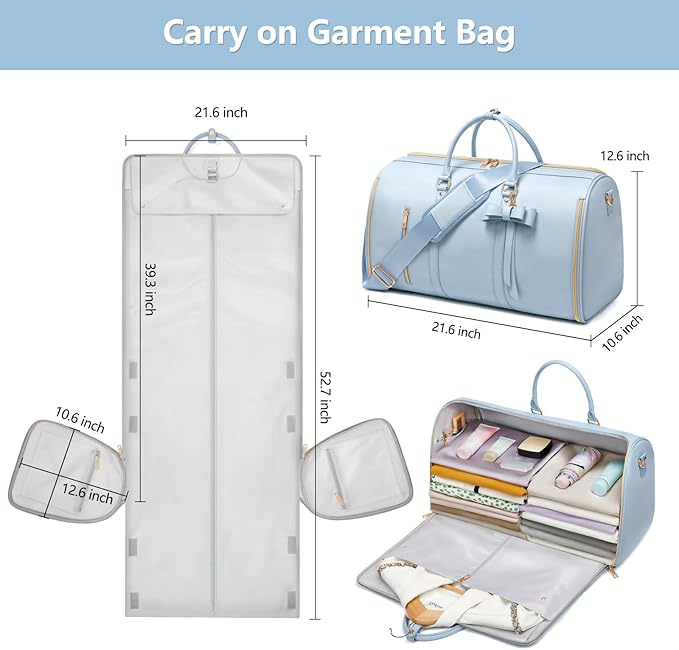 Travel Duffel Bag, Convertible Travel Garment Bag for Women, Fashion & Cute Carry On Duffle Bag w/Shoes Pouch, 2 in 1 Foldable PU Leather Hanging Duffle Bag, Single-Zipper Design, Blue