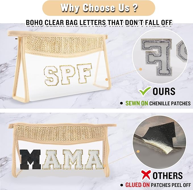 2 Pcs Boho Straw Clear Makeup Letter Pouch, Sunscreen Bags for Travel Beach, Waterproof SPF Best Beach Accessories