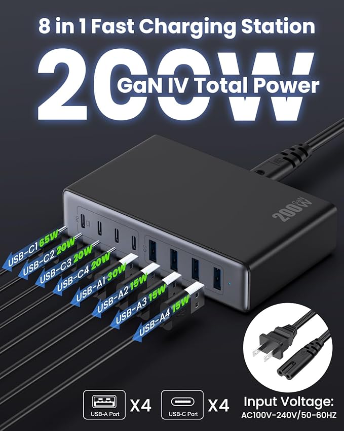 200W USB C Charger Block, GaN IV Charging Station 8 Ports, QC4.0 Fast Charging Station Hub + PD 65W USB C Laptop Charger Adapter Compatible with MacBook Air/Pro, DELL, iPhone 17/16/15, iPad, Steam Deck - Black