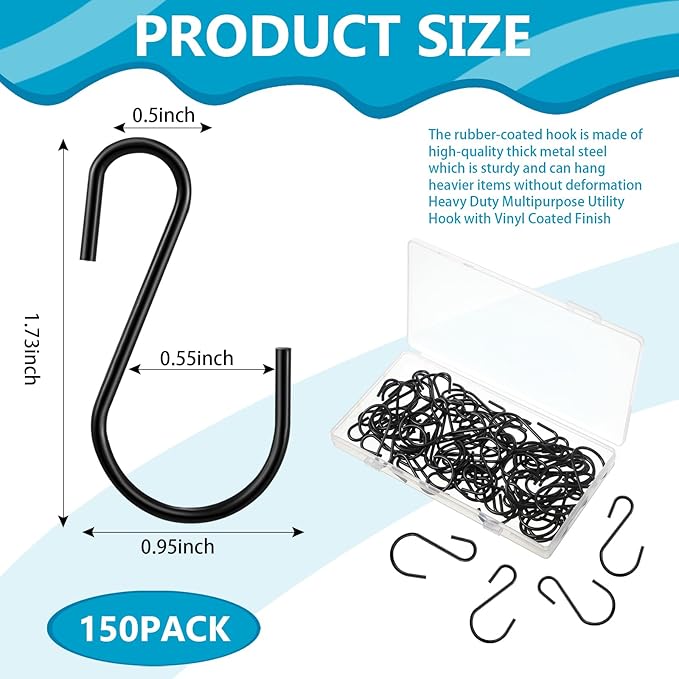Sratte 150 Pcs S Hooks for Hanging 1.8 Inch Heavy Duty S Hooks Bulk Curtain Hanging Connectors Mini S Shaped Hangers Ornament for Plants Pots Pans Mugs DIY Jewelry (Black)
